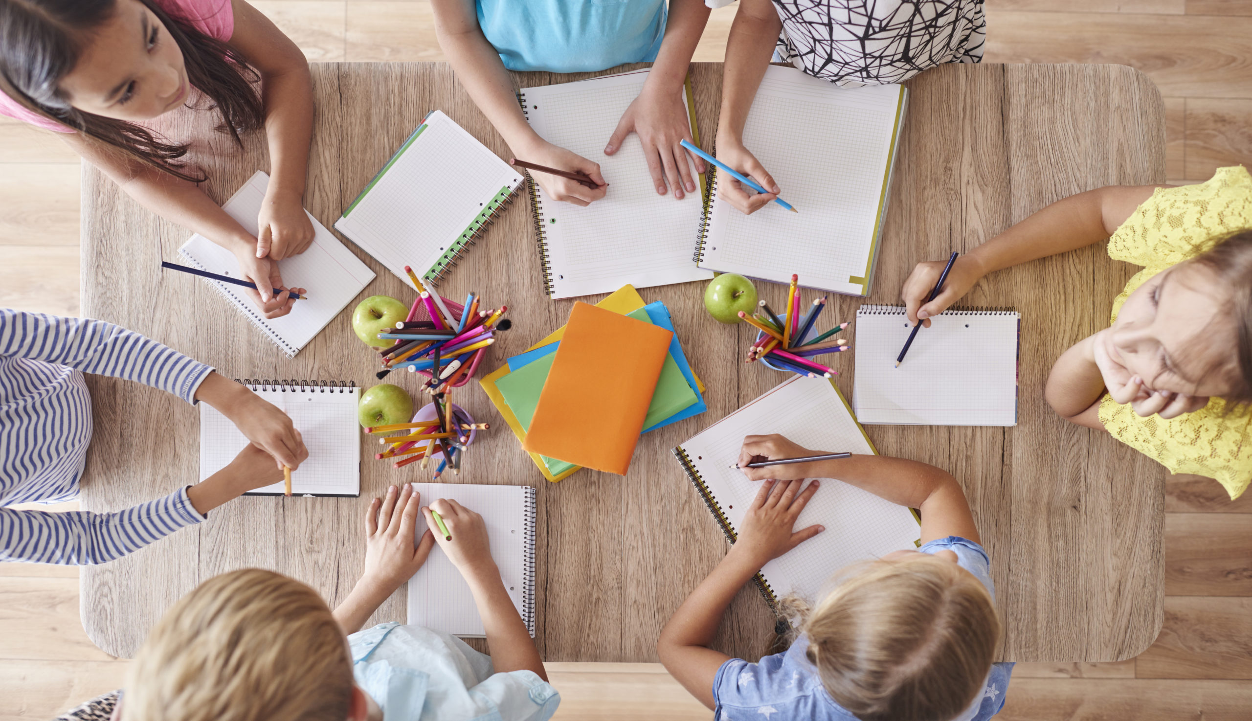 High angle view of drawing kids